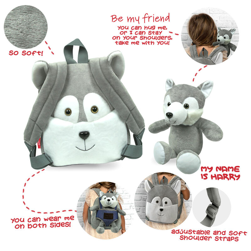 Mochila reversible + peluche Husky Harry 26cm   PERLETTI