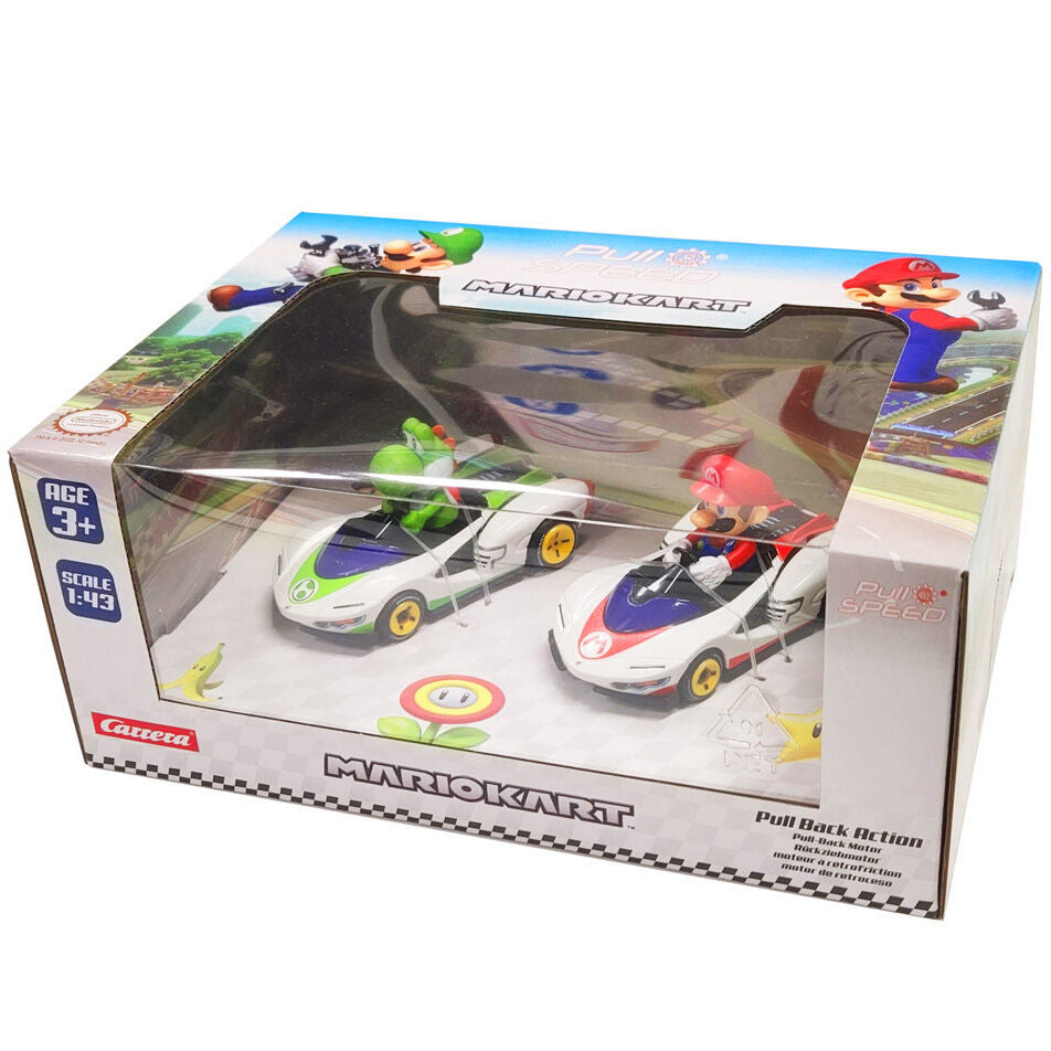 Set 2 coches Pull Speed Mario + Yoshi Mario Kart   CARRERA